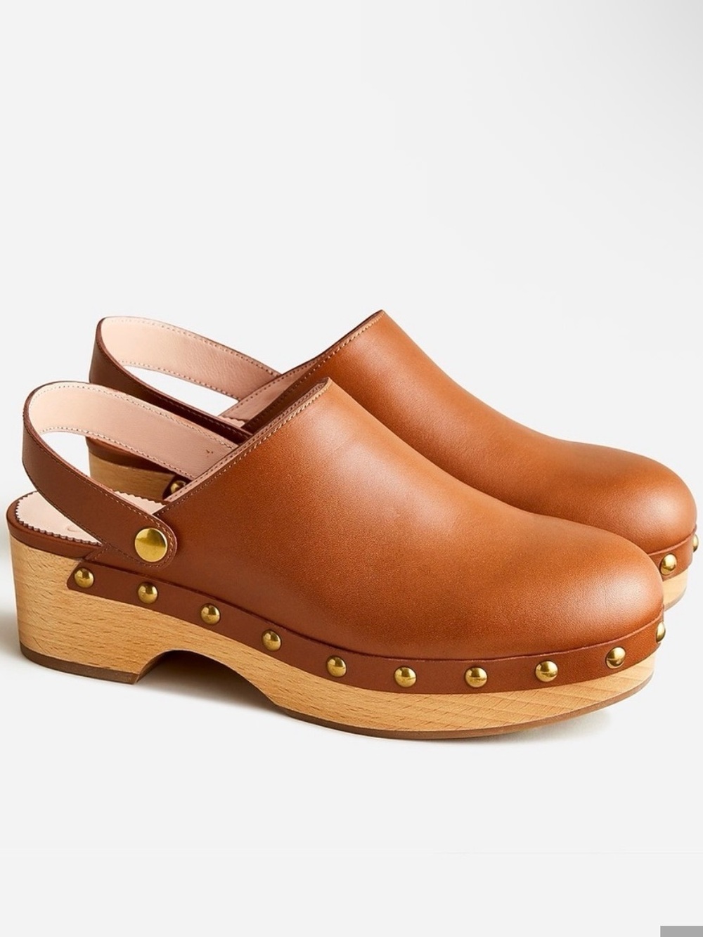 J. Crew Cognac Leather Slingback Clog Mules with Gold Studs